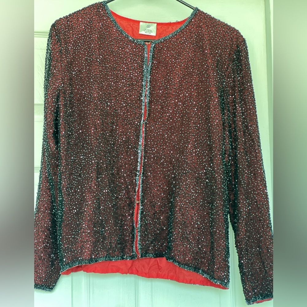 Vintage Laurence Kazar 80s 90s Sequin Silk Beaded Gatsby Evening Blazer Jacket - Picture 3 of 11